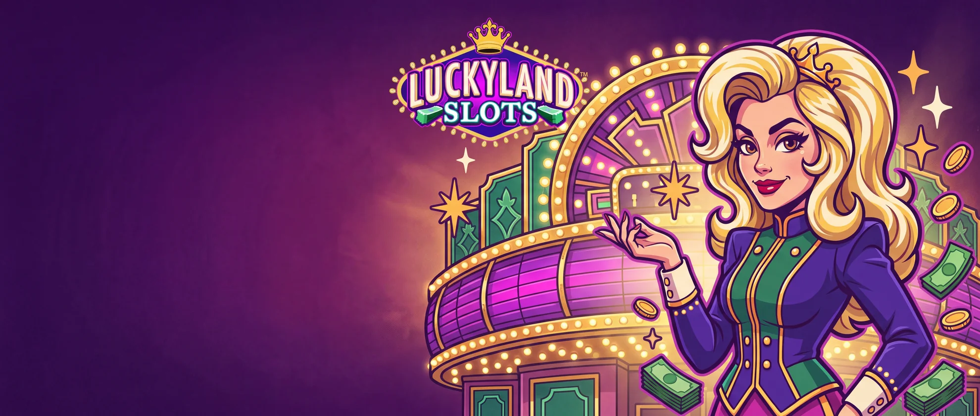 LuckyLand Slots marquee and casino host in a purple reward scene